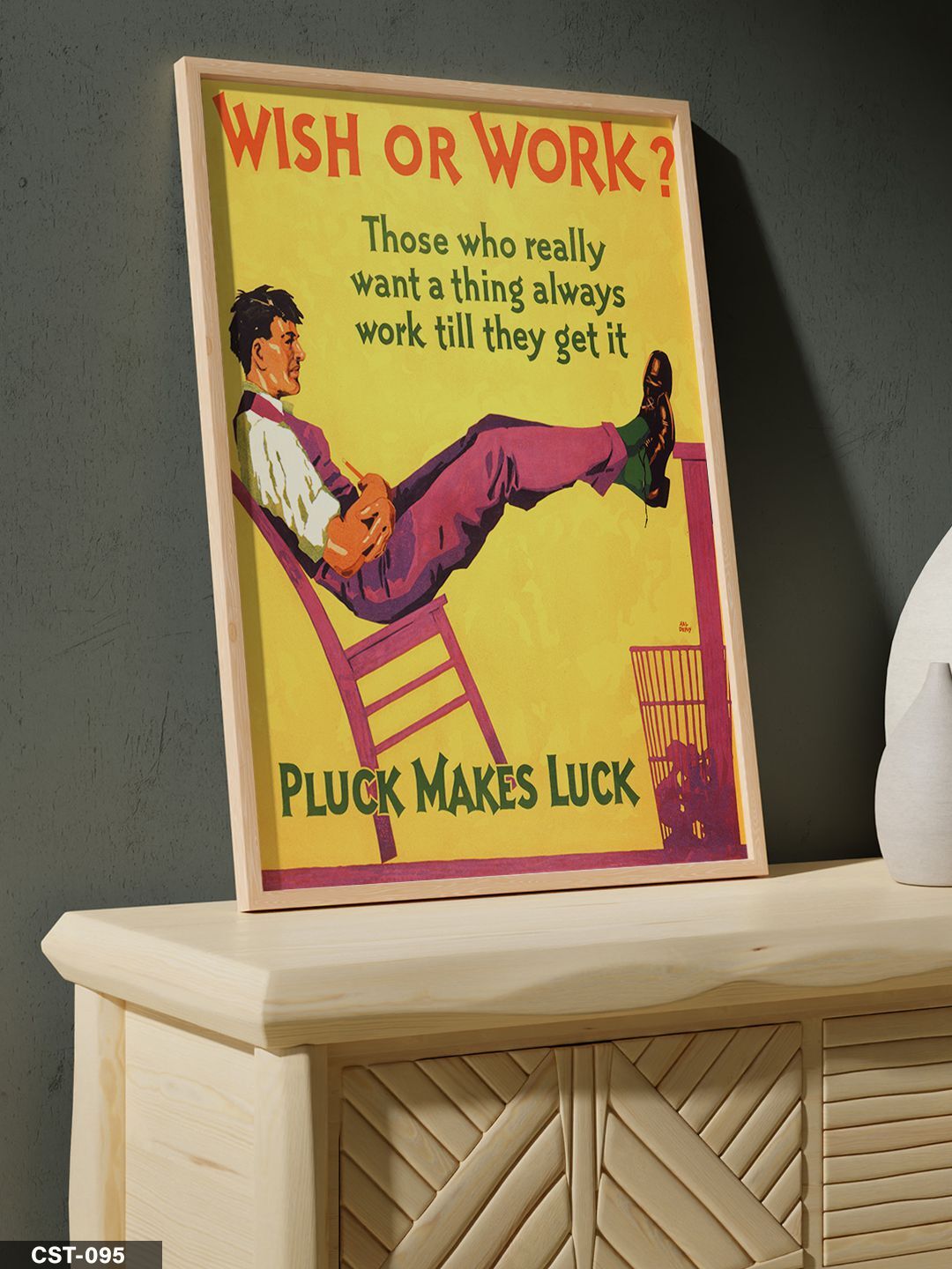 Sarı Fonlu Wish Or Work? Tipografik Tek Parça Ahşap Çerçeveli Tablo Naturel - 20 x 30 CM