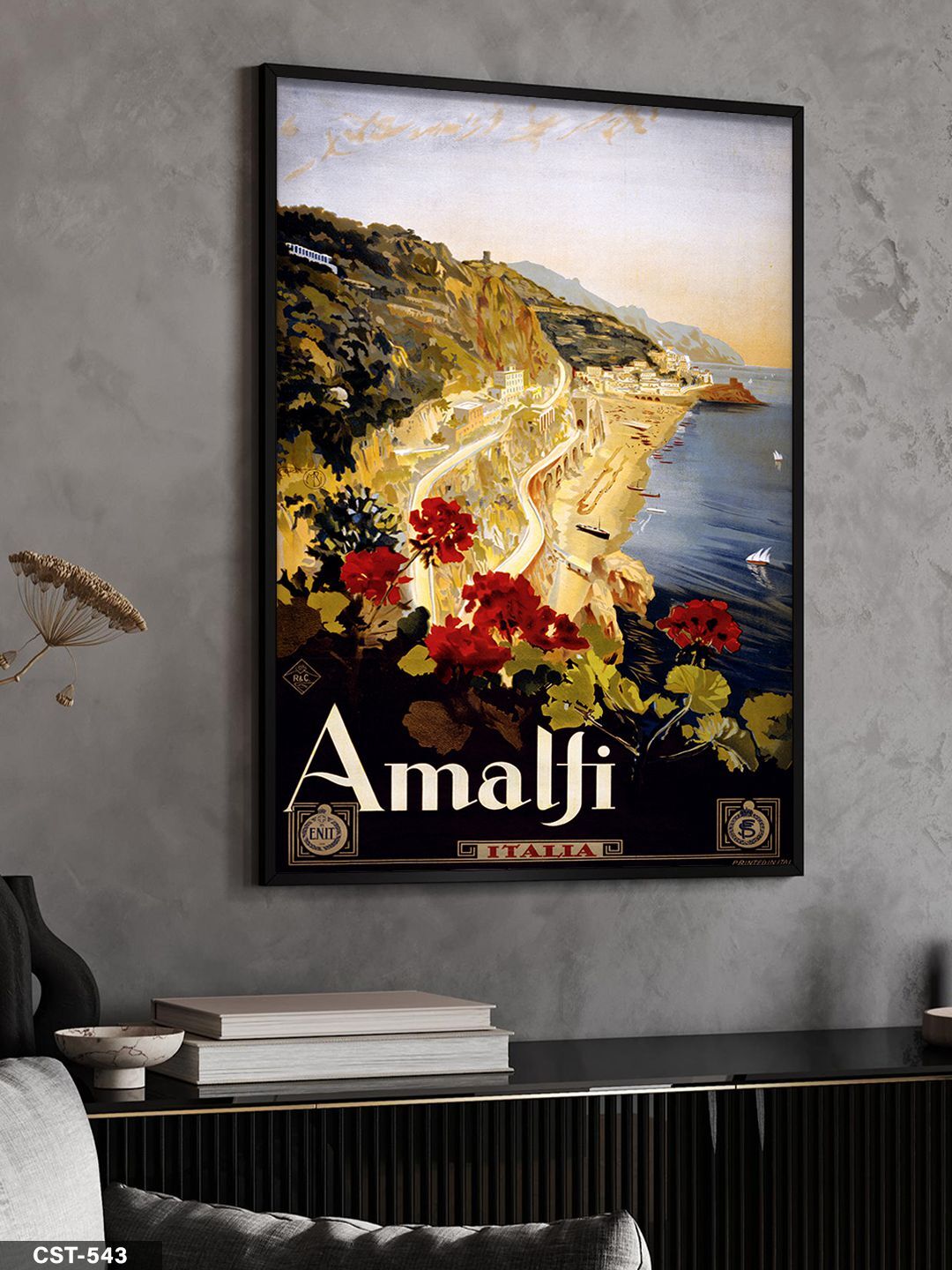 Amalfi İtalya Afişi Tek Parça Ahşap Çerçeveli Tablo Siyah - 40 x 60 CM