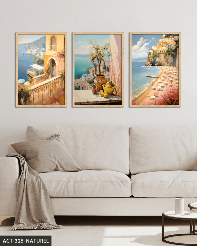 Deniz Manzaralı Balkonlar 3 Parça Ahşap Çerçeveli Tablo ACT Naturel - 50 x 70 CM