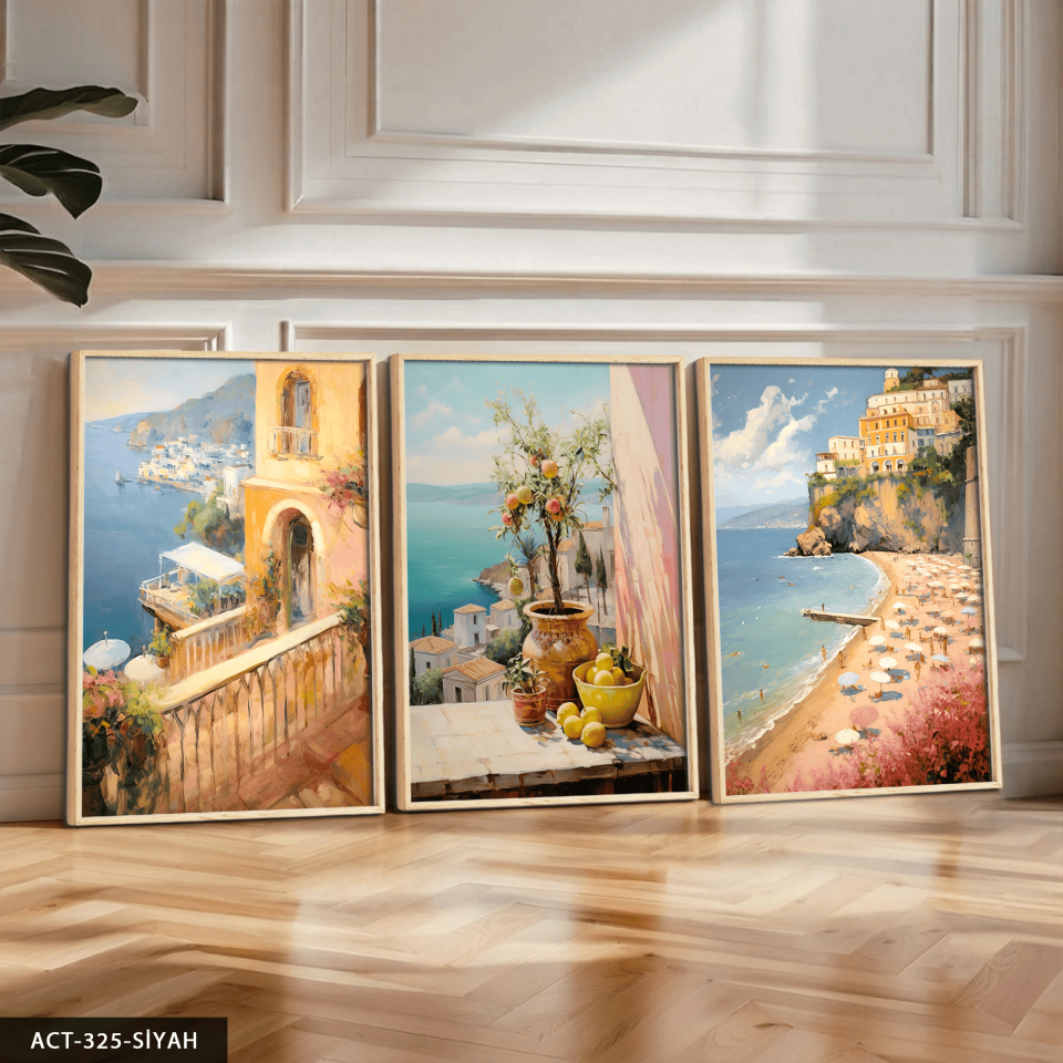 Deniz Manzaralı Balkonlar 3 Parça Ahşap Çerçeveli Tablo ACT Naturel - 50 x 70 CM
