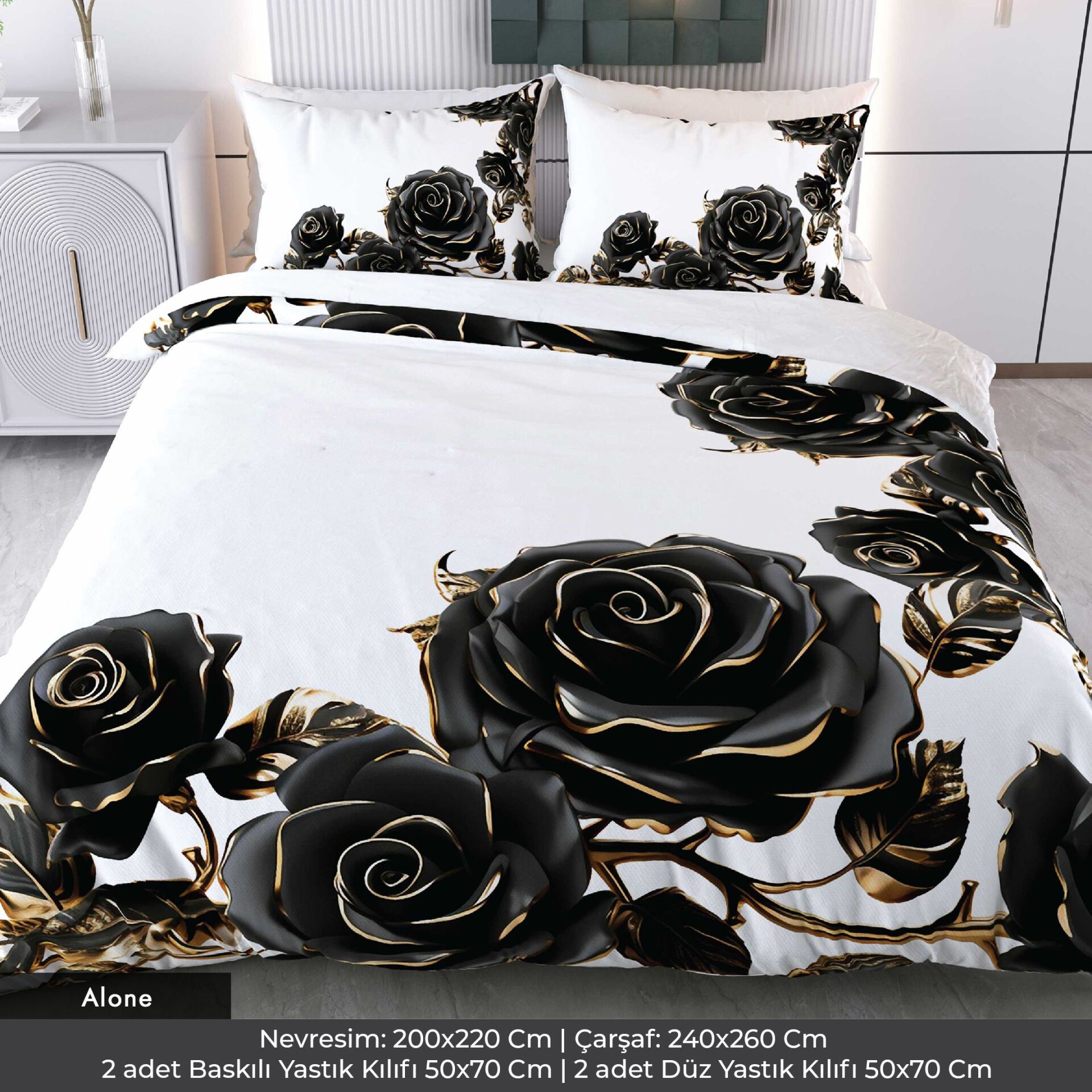Siyah Gül Dijital Baskılı 3D 3 Boyutlu Çift Kişilik Nevresim Takımı Çift Kişilik