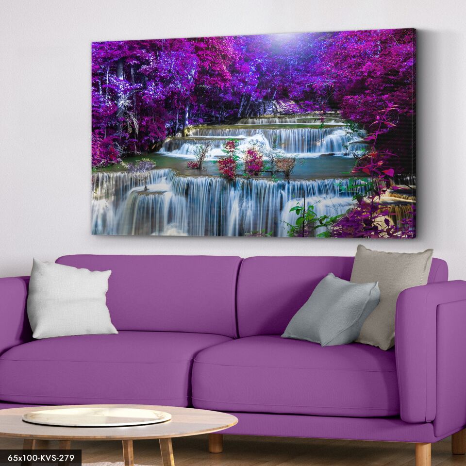Mor Ağaçlar Şelale Kanvas - Canvas Tablo 40 x 30 CM - Çok Renkli