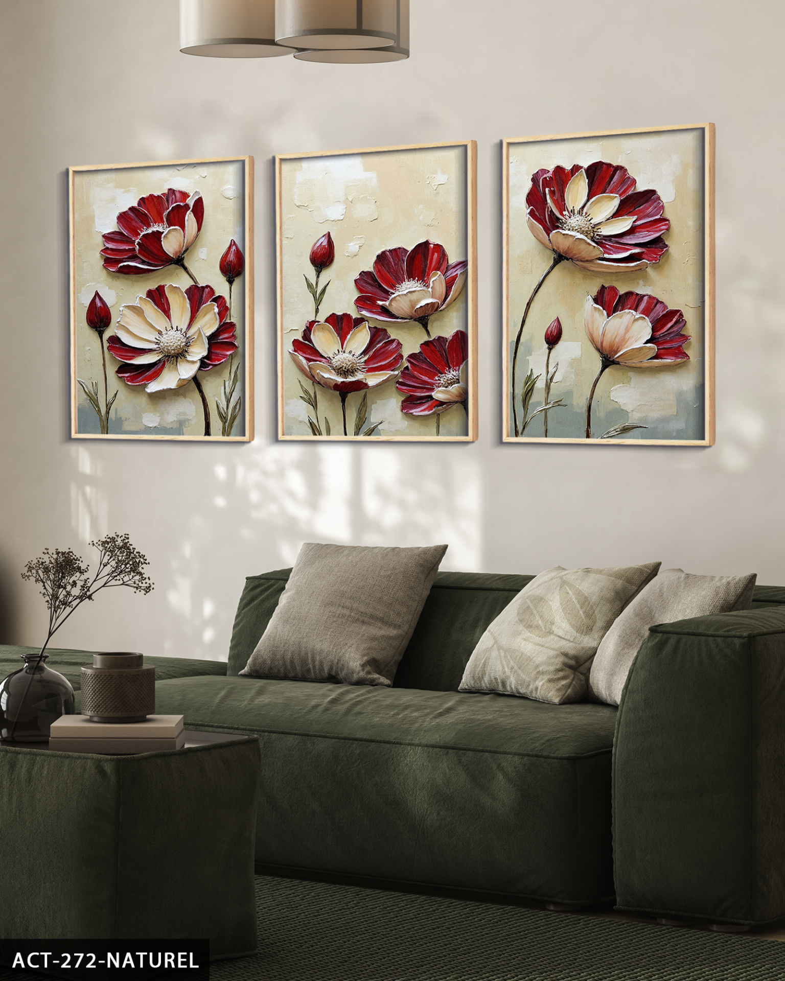 Dokulu Görünüm Çiçek 3 Parça Ahşap Çerçeveli Tablo ACT Naturel - 20 x 30 CM