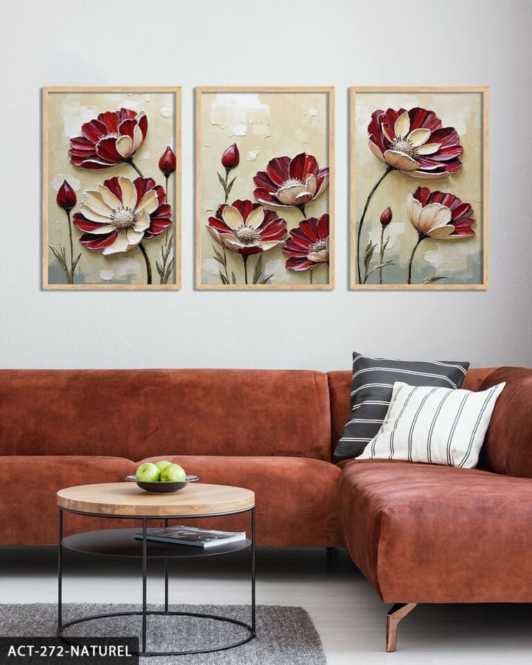 Dokulu Görünüm Çiçek 3 Parça Ahşap Çerçeveli Tablo ACT Naturel - 20 x 30 CM