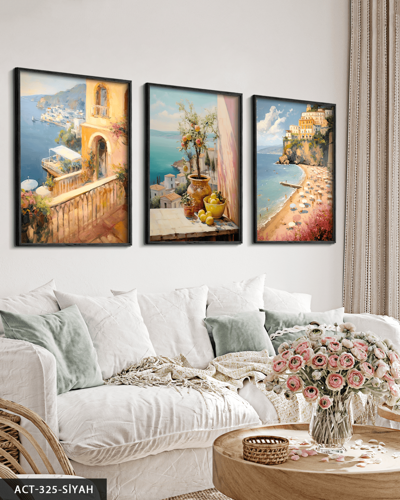Deniz Manzaralı Balkonlar 3 Parça Ahşap Çerçeveli Tablo ACT Siyah - 30 x 40 CM
