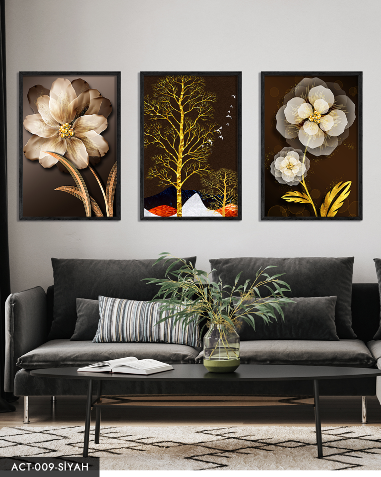 Çiçek Ağaç 3 Parça Ahşap Çerçeveli Tablo ACT Siyah - 20 x 30 CM