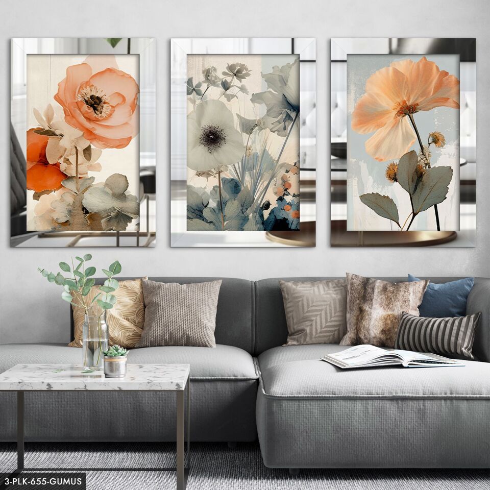 Renkli Çiçekler 3 Parça Pleksi Aynalı Tablo 40 x 60 CM - Gümüş