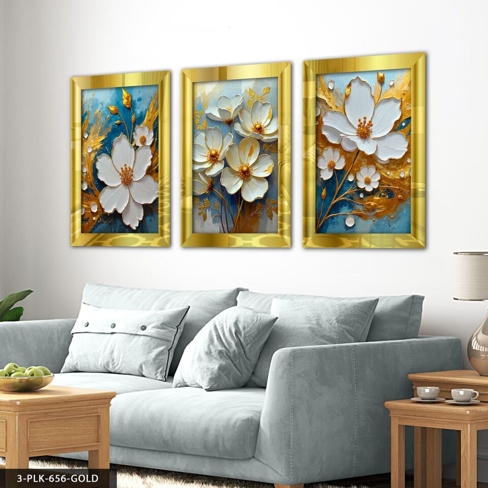 Beyaz Çiçek Mavi Arkaplan 3 Parça Pleksi Aynalı Tablo 40 x 60 CM - Gold