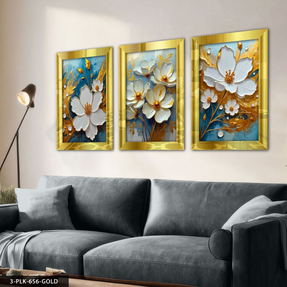 Beyaz Çiçek Mavi Arkaplan 3 Parça Pleksi Aynalı Tablo 40 x 60 CM - Gold
