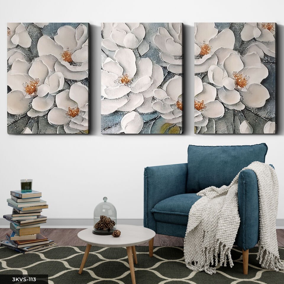 Dokulu Görünüm Beyaz Çiçek 3 Parça Kanvas - Canvas Tablo 40 x 30 CM