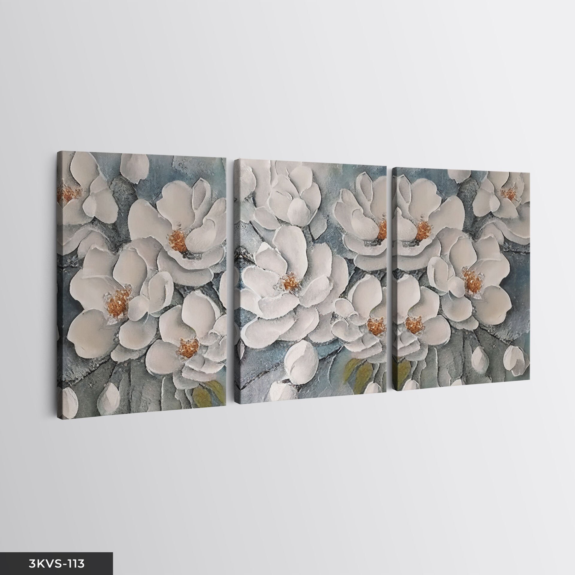 Dokulu Görünüm Beyaz Çiçek 3 Parça Kanvas - Canvas Tablo 40 x 30 CM