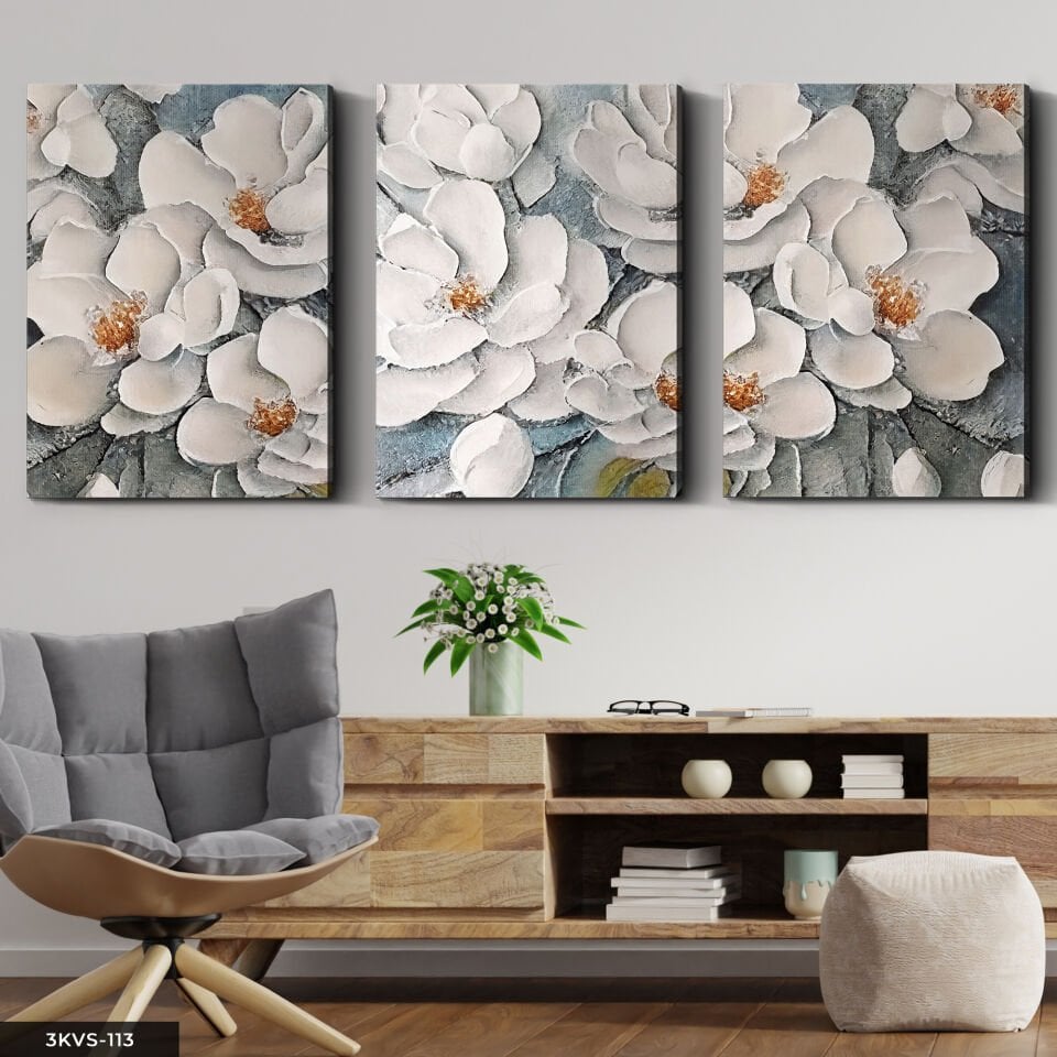 Dokulu Görünüm Beyaz Çiçek 3 Parça Kanvas - Canvas Tablo 40 x 30 CM