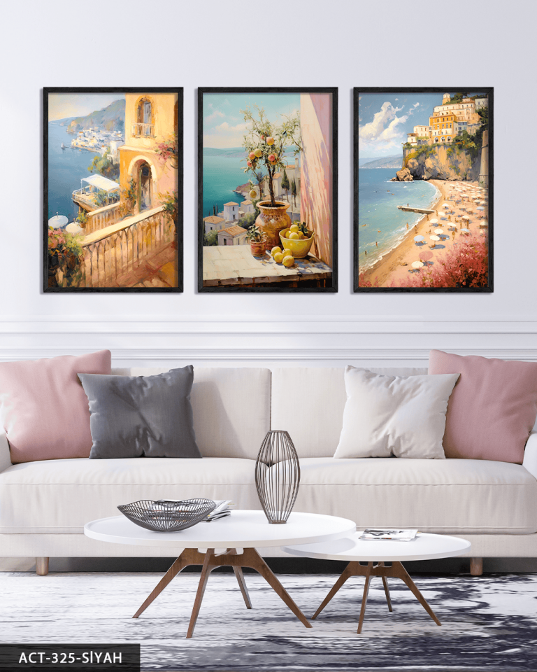 Deniz Manzaralı Balkonlar 3 Parça Ahşap Çerçeveli Tablo ACT Siyah - 40 x 60 CM