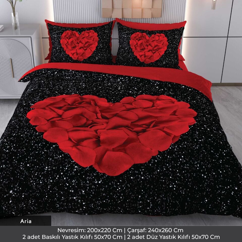 Gül Yaprakları Kalp Dijital Baskılı 3D 3 Boyutlu Çift Kişilik Nevresim Takımı Çift Kişilik