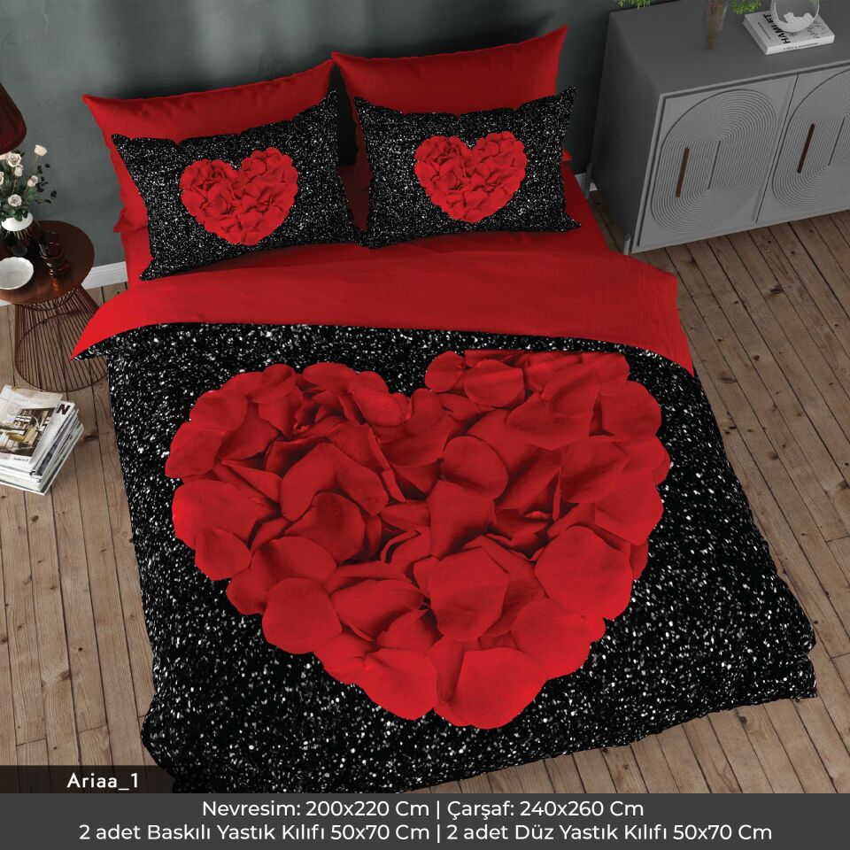 Gül Yaprakları Kalp Dijital Baskılı 3D 3 Boyutlu Çift Kişilik Nevresim Takımı Çift Kişilik