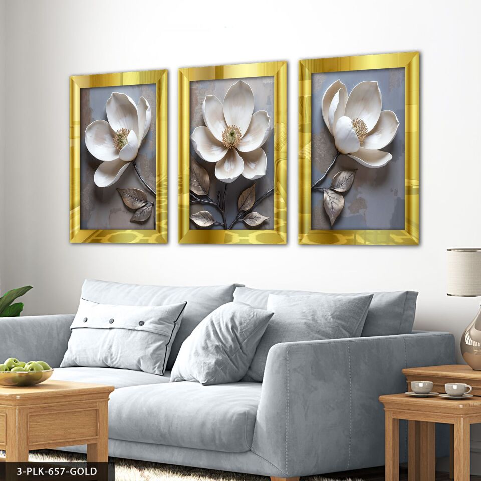 Beyaz Çiçek 3 Parça Pleksi Aynalı Tablo 40 x 60 CM - Gold