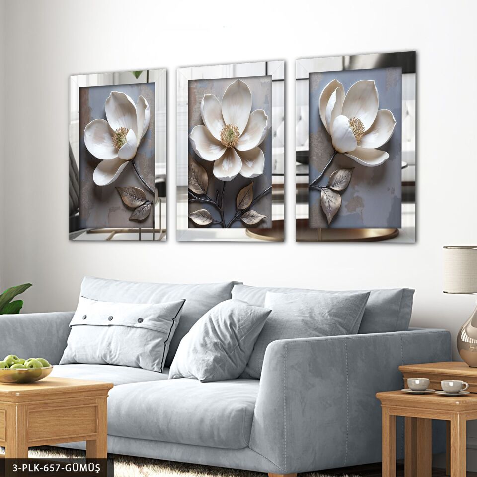 Beyaz Çiçek 3 Parça Pleksi Aynalı Tablo 40 x 60 CM - Gümüş
