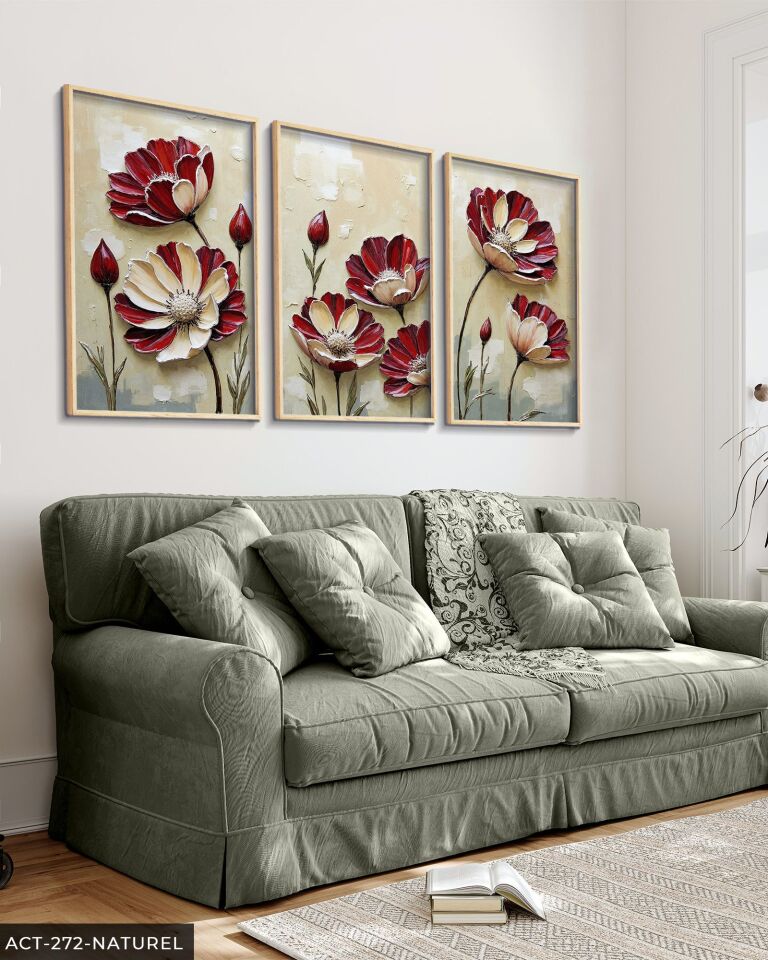 Dokulu Görünüm Çiçek 3 Parça Ahşap Çerçeveli Tablo ACT Naturel - 40 x 60 CM
