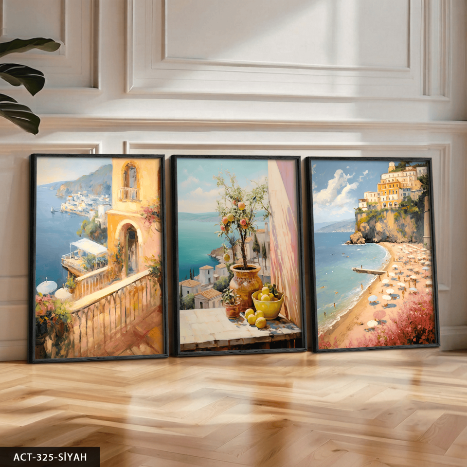 Deniz Manzaralı Balkonlar 3 Parça Ahşap Çerçeveli Tablo ACT Siyah - 50 x 70 CM