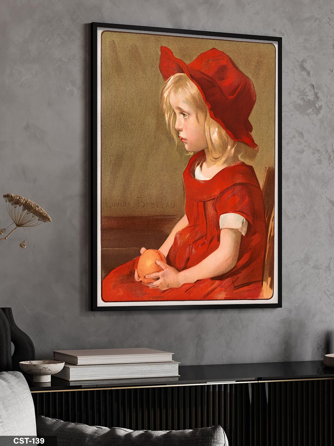 Kırmızı Elbiseli Kız Portre Tek Parça Ahşap Çerçeveli Tablo Siyah - 30 x 40 CM