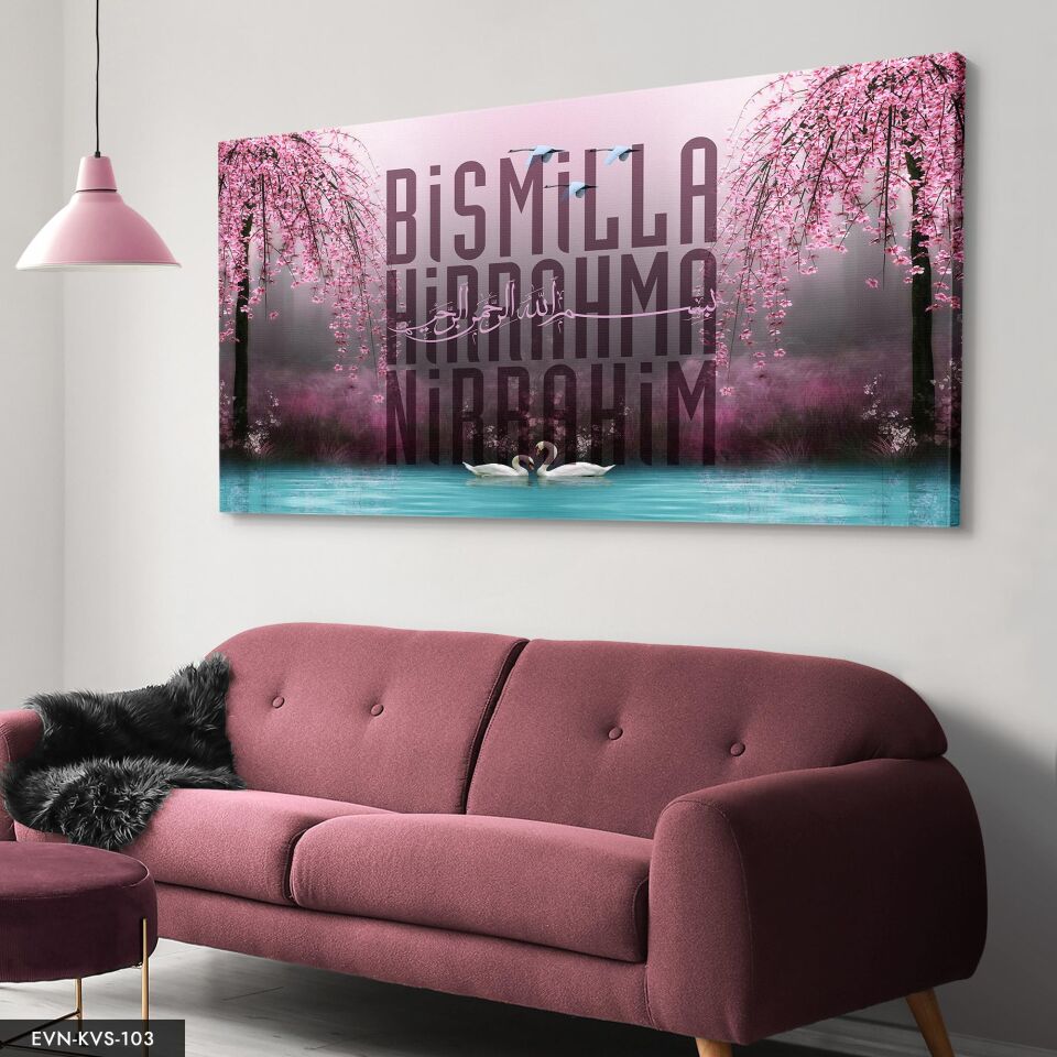 Besmele Yazılı Kuğu Gölü Tek Parça Kanvas Canvas Tablo Tablo 40 x 30 CM - Çok Renkli