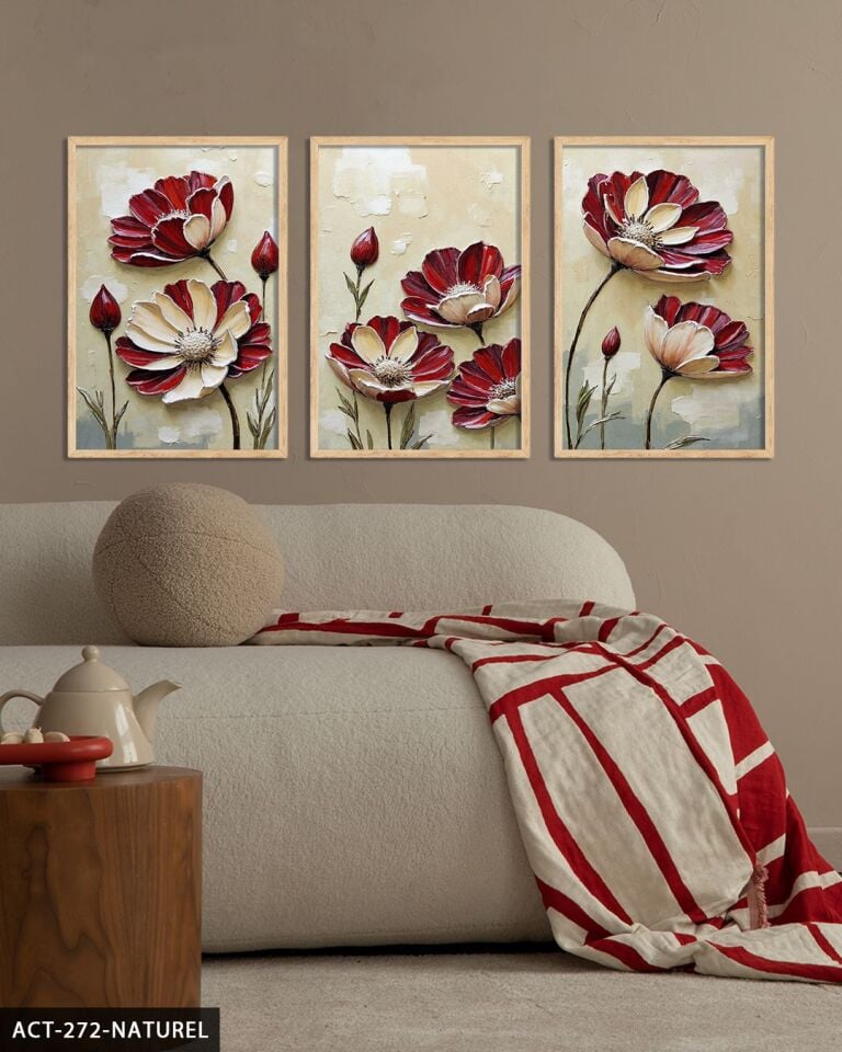 Dokulu Görünüm Çiçek 3 Parça Ahşap Çerçeveli Tablo ACT Naturel - 50 x 70 CM