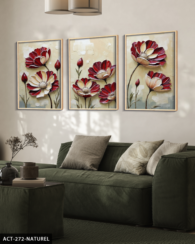 Dokulu Görünüm Çiçek 3 Parça Ahşap Çerçeveli Tablo ACT Naturel - 50 x 70 CM