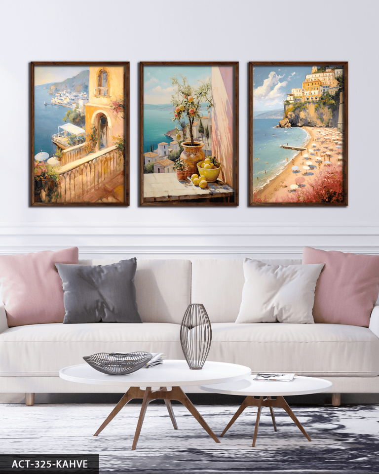 Deniz Manzaralı Balkonlar 3 Parça Ahşap Çerçeveli Tablo ACT Kahverengi - 30 x 40 CM