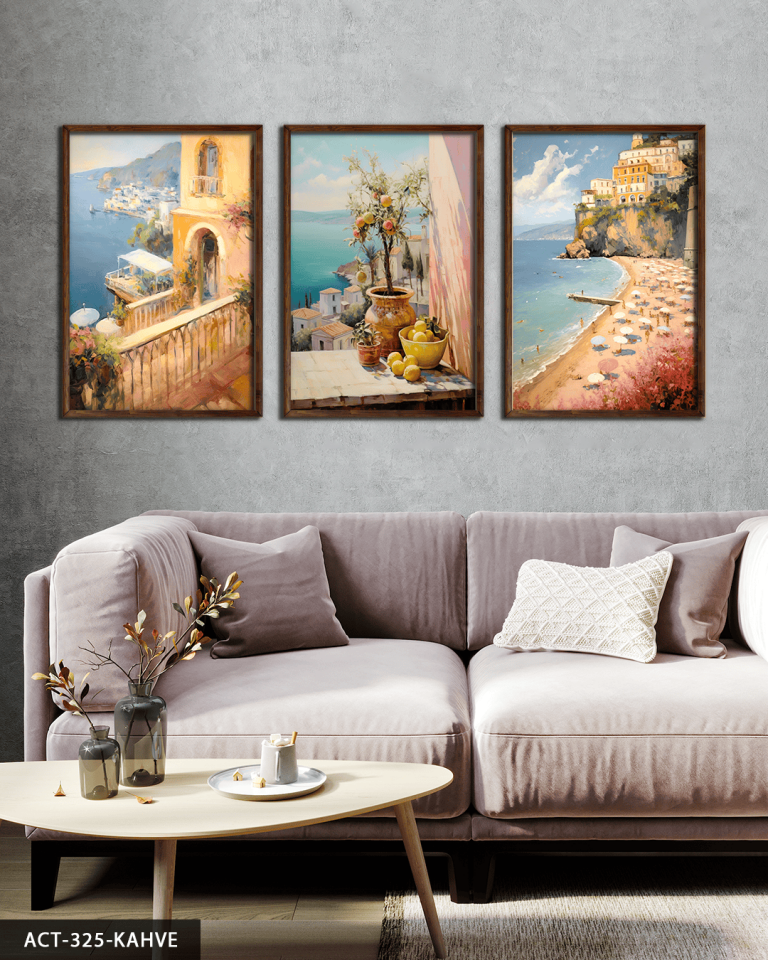 Deniz Manzaralı Balkonlar 3 Parça Ahşap Çerçeveli Tablo ACT Kahverengi - 30 x 40 CM
