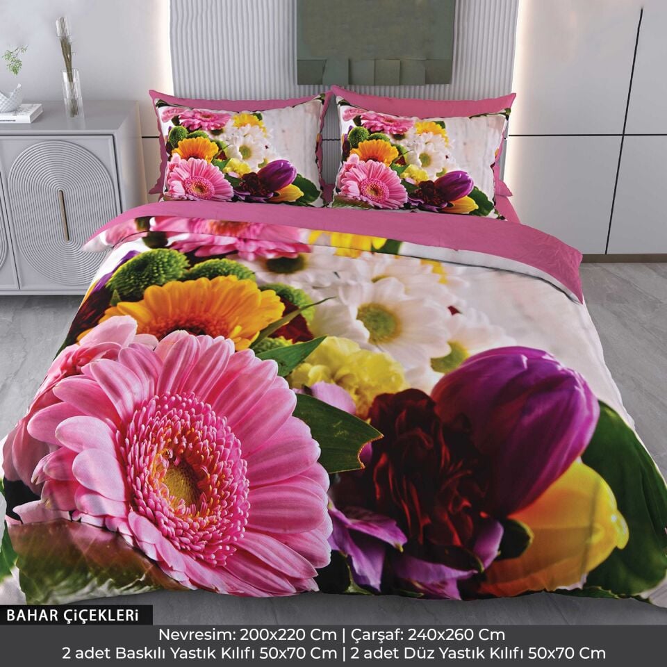 Renkli Çiçekler Dijital Baskılı 3D 3 Boyutlu Çift Kişilik Nevresim Takımı Çift Kişilik