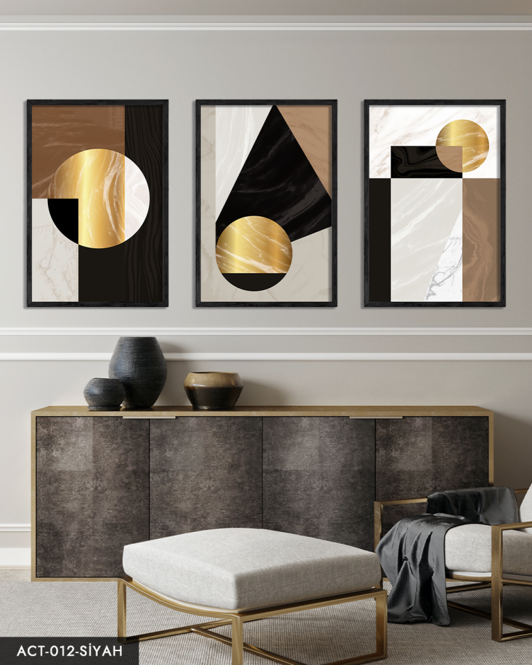 Gold Soyut Desenlerin 3 Parça Ahşap Çerçeveli Tablo ACT Siyah - 20 x 30 CM