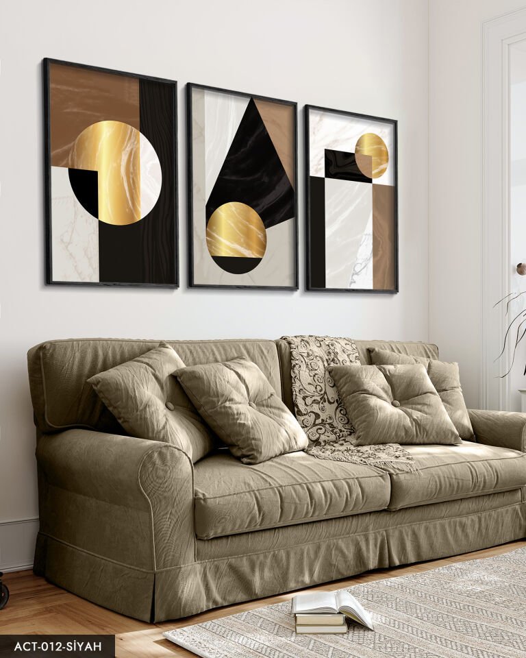 Gold Soyut Desenlerin 3 Parça Ahşap Çerçeveli Tablo ACT Siyah - 20 x 30 CM