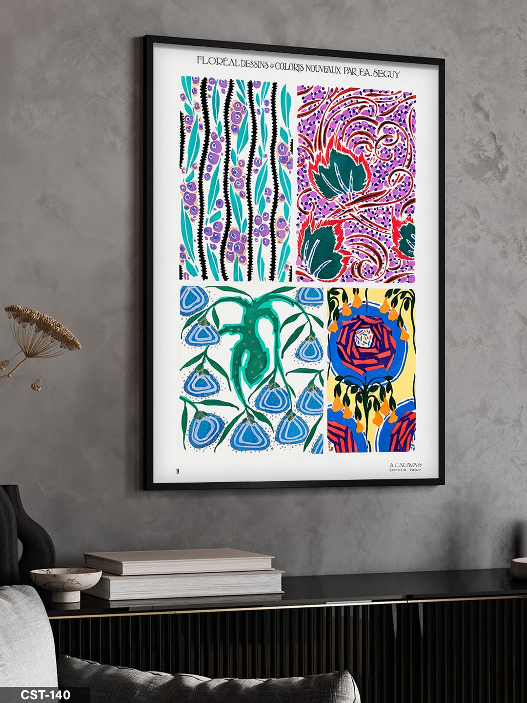 Mavi-mor Çiçek illüstrasyon Tek Parça Ahşap Çerçeveli Tablo Siyah - 30 x 40 CM