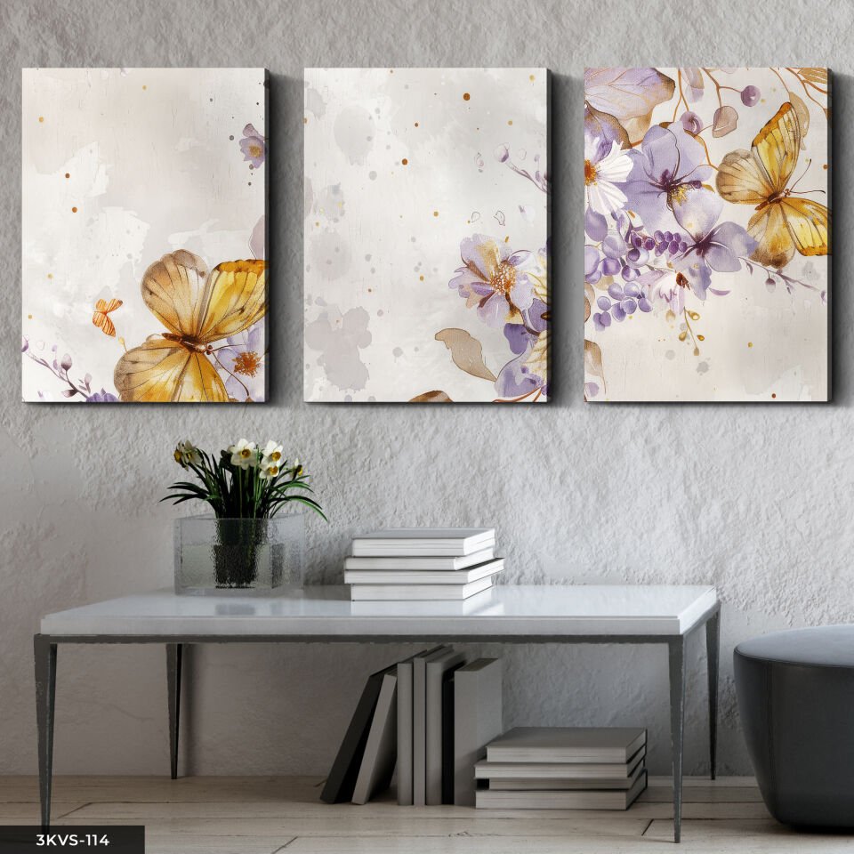 Kelebek ve Çiçekler 3 Parça Kanvas - Canvas Tablo 40 x 30 CM