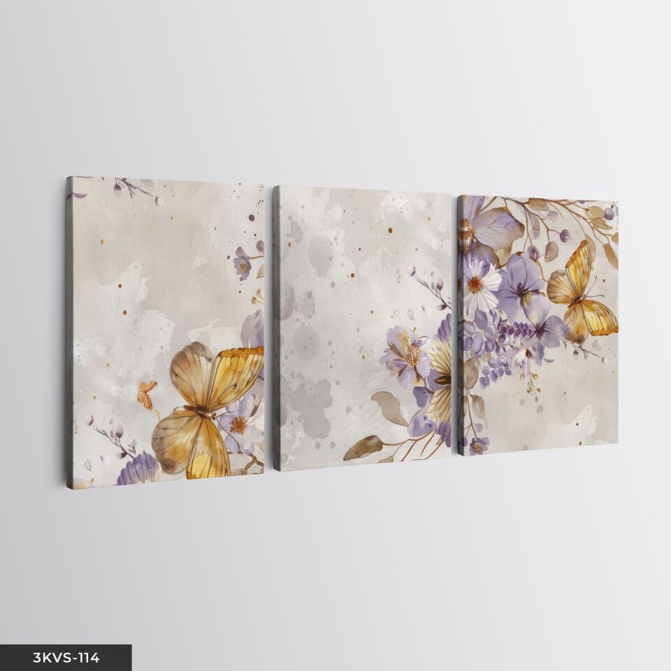 Kelebek ve Çiçekler 3 Parça Kanvas - Canvas Tablo 45 x 65 CM