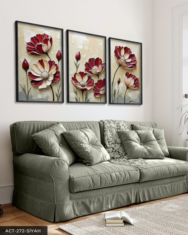 Dokulu Görünüm Çiçek 3 Parça Ahşap Çerçeveli Tablo ACT Siyah - 20 x 30 CM