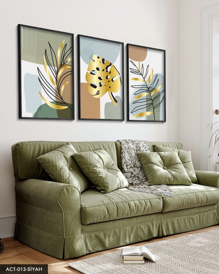 Gold, Beyaz, Tüy, Yaprak, 3 Parça Ahşap Çerçeveli Tablo ACT Siyah - 20 x 30 CM