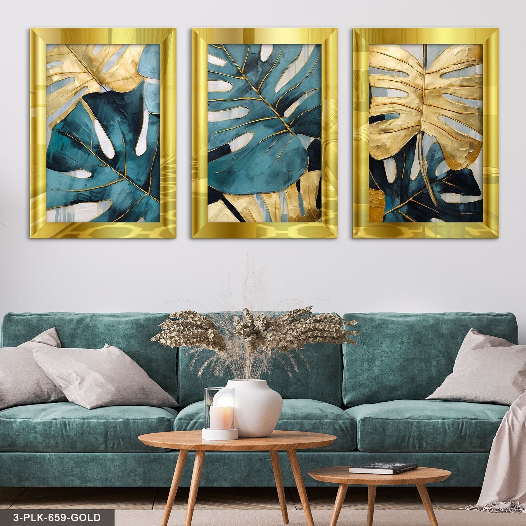 Mavi Gold Yaprak 3 Parça Pleksi Aynalı Tablo 40 x 60 CM - Gold