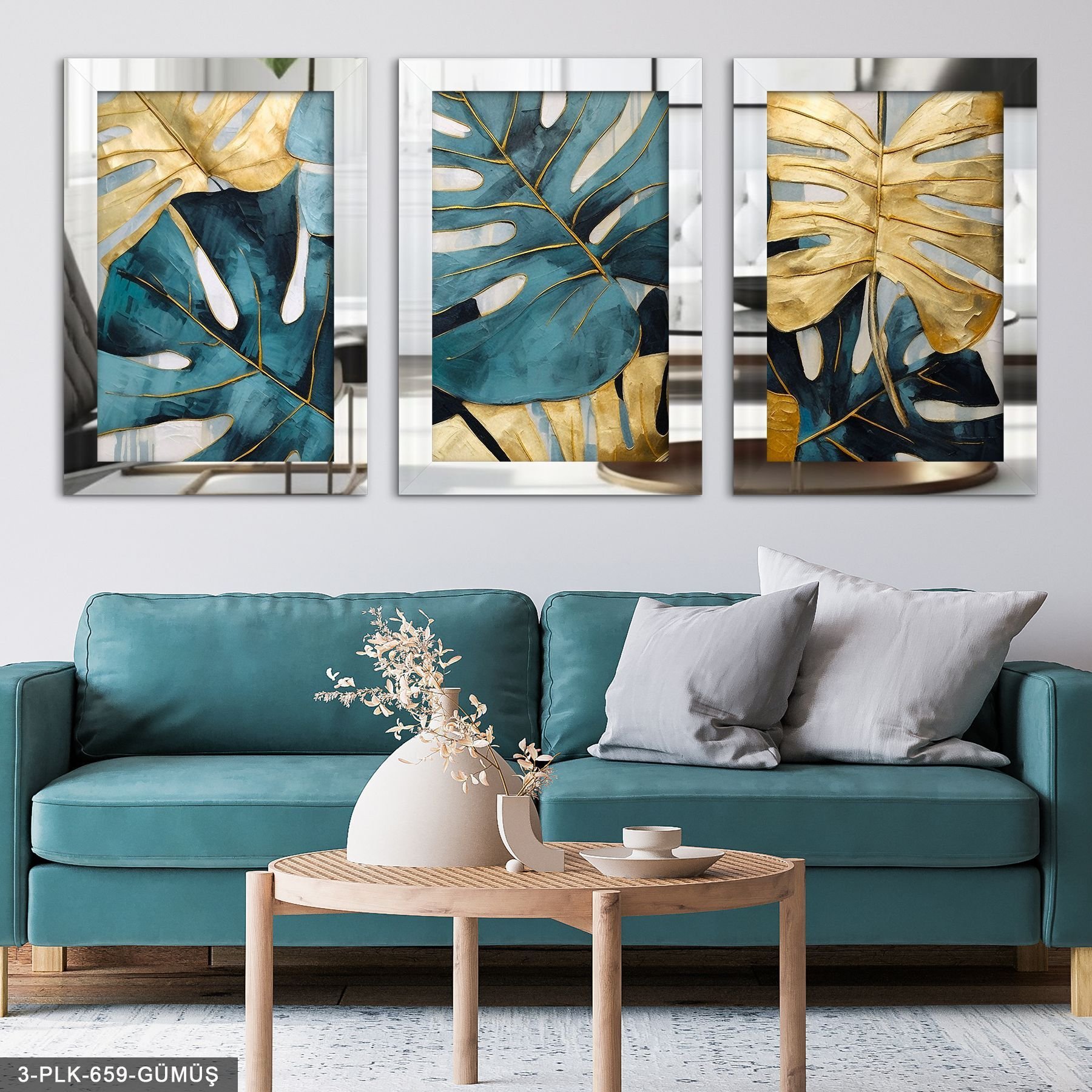 Mavi Gold Yaprak 3 Parça Pleksi Aynalı Tablo 40 x 60 CM - Gümüş