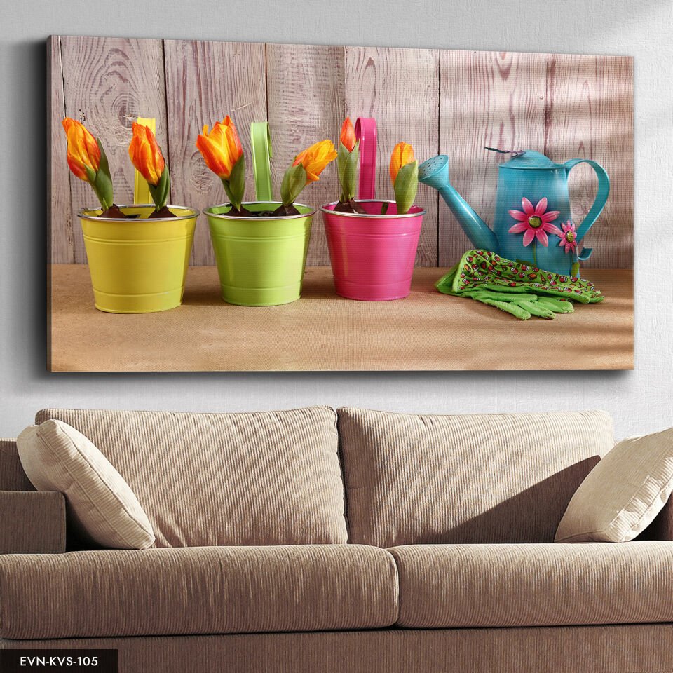Renkli Saksı Tek Parça Kanvas Canvas Tablo Tablo
