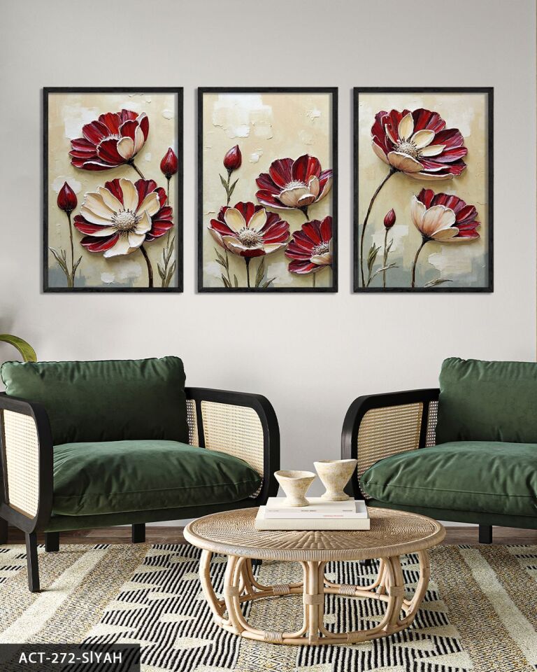 Dokulu Görünüm Çiçek 3 Parça Ahşap Çerçeveli Tablo ACT Siyah - 30 x 40 CM