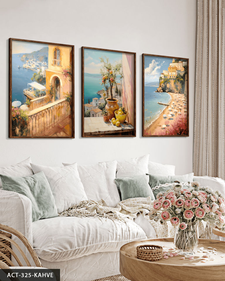 Deniz Manzaralı Balkonlar 3 Parça Ahşap Çerçeveli Tablo ACT Kahverengi - 50 x 70 CM