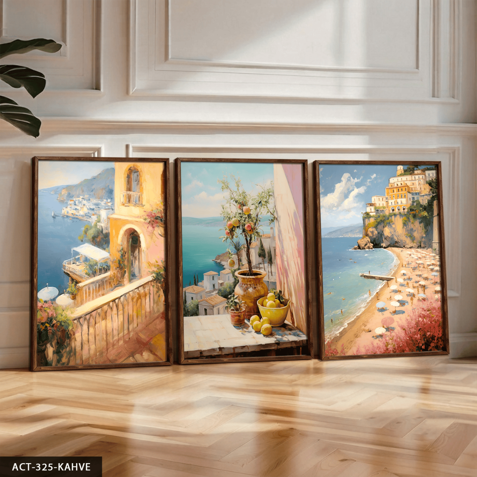 Deniz Manzaralı Balkonlar 3 Parça Ahşap Çerçeveli Tablo ACT Kahverengi - 50 x 70 CM