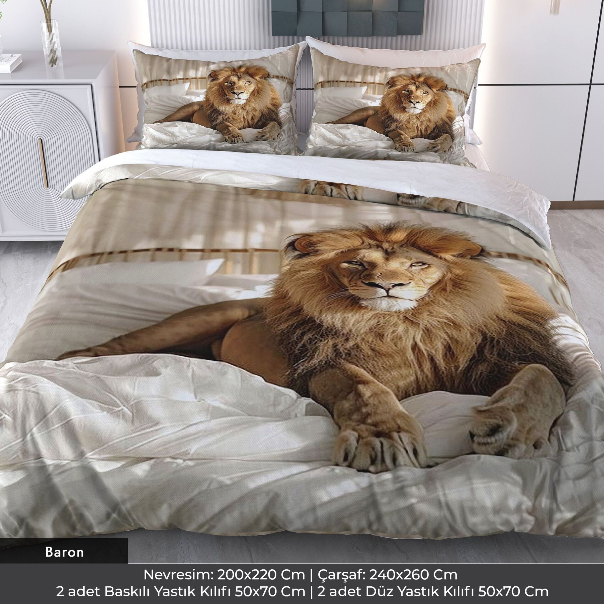 Aslan Kral Desen Dijital Baskılı 3D 3 Boyutlu Çift Kişilik Nevresim Takımı Çift Kişilik