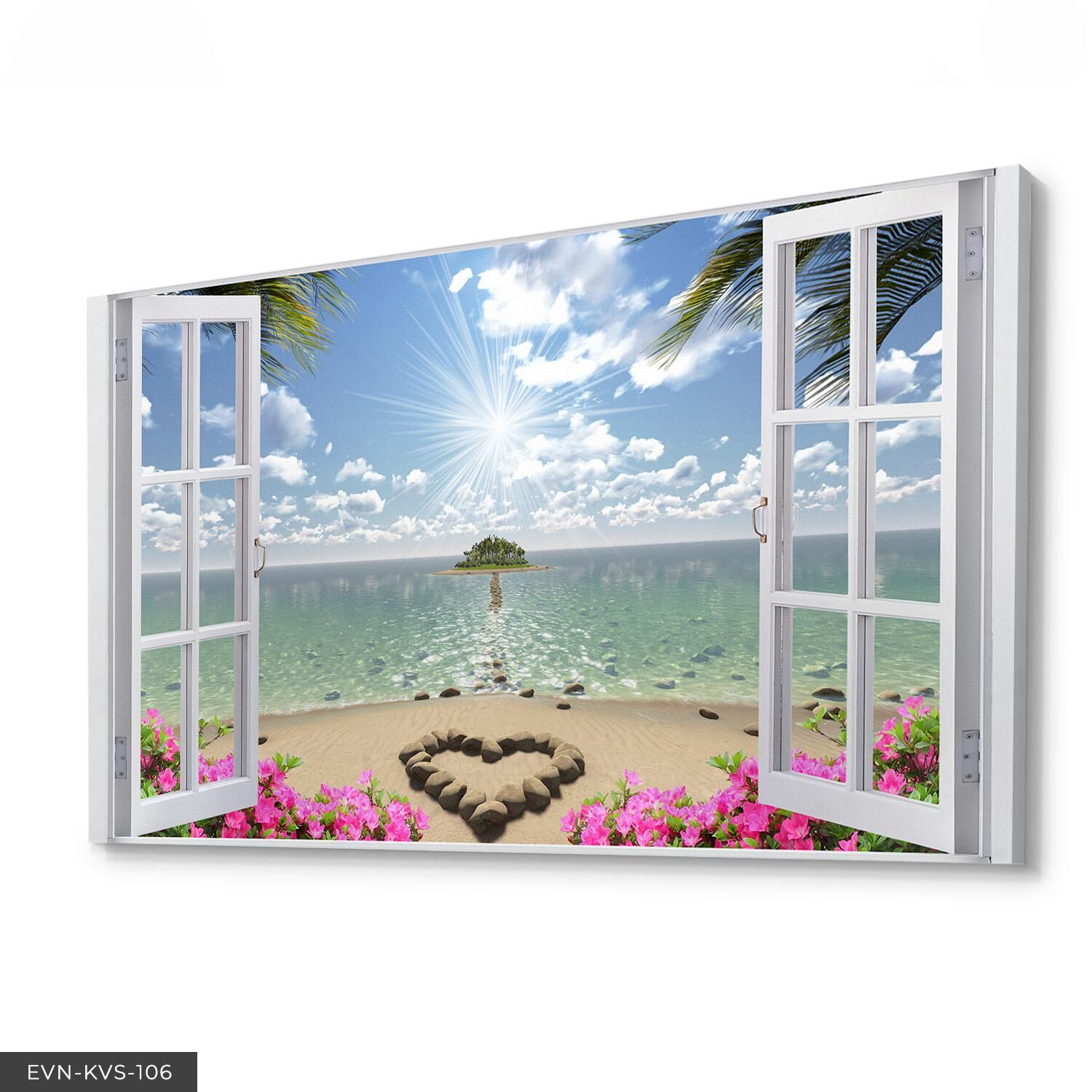 Sahile Açılan Pencere Tek Parça Kanvas Canvas Tablo Tablo 40 x 30 CM - Çok Renkli