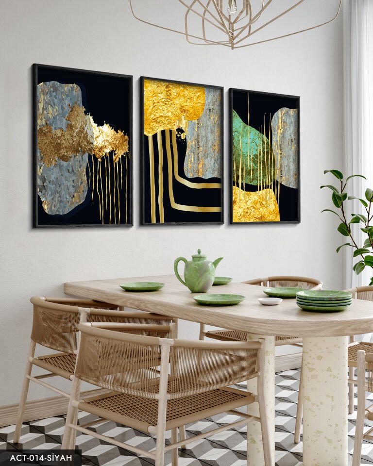 Soyut Gold Desenler 3 Parça Ahşap Çerçeveli Tablo ACT Siyah - 20 x 30 CM