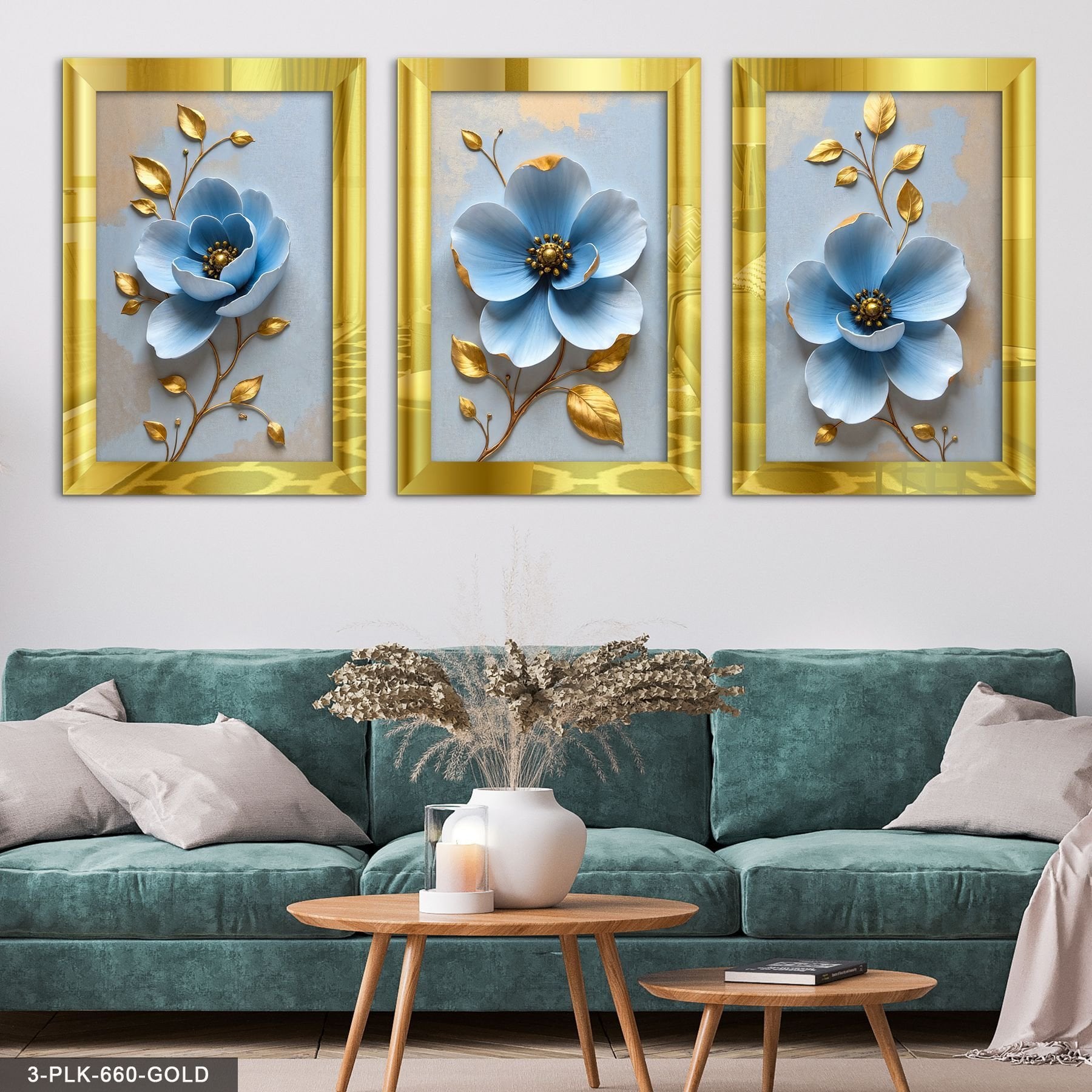 Mavi Çiçek Gold Yapraklı 3 Parça Pleksi Aynalı Tablo 40 x 60 CM - Gold