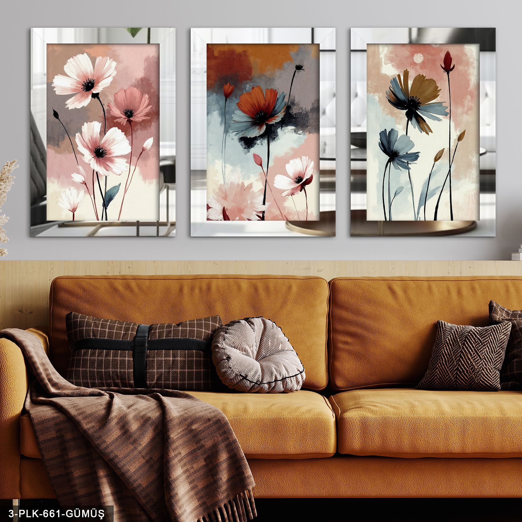 Çizim Çiçek 3 Parça Pleksi Aynalı Tablo 40 x 60 CM - Gümüş
