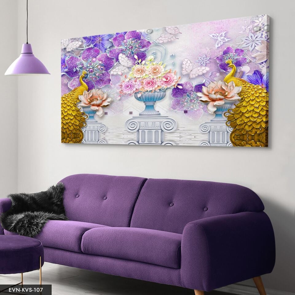 Altın Renkli Tavus Kuşu Tek Parça Kanvas Canvas Tablo Tablo 40 x 30 CM - Çok Renkli