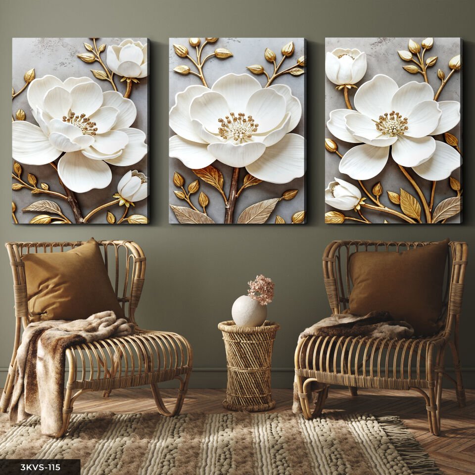 Gold Yapraklı Beyaz Çiçek 3 Parça Kanvas - Canvas Tablo 40 x 30 CM
